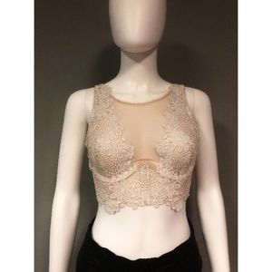 Victoria's Secret 34 D unlined demi buste, sheer nude w white lace